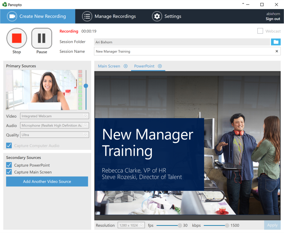 Recording New Manager Training using Panopto for Windows